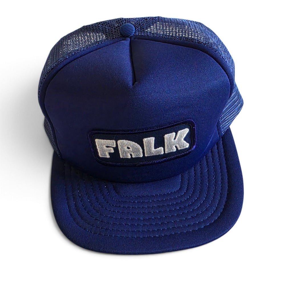 Vintage 1980s San Sun Falk Trucker Hat Navy Blue Mesh Snapback Cap Mens OSFA